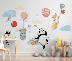 Custom Kids Wall Mural Hot Air Balloons Cartoon Animals Minimal Design Nursery Wallpaper