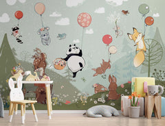 Custom Kids Wall Mural Hot Air Balloons Cartoon Animals Fairy Forest Meadow Nursery Wallpaper