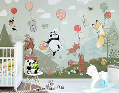 Custom Kids Wall Mural Hot Air Balloons Cartoon Animals Fairy Forest Meadow Nursery Wallpaper