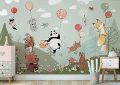 Custom Kids Wall Mural Hot Air Balloons Cartoon Animals Fairy Forest Meadow Nursery Wallpaper