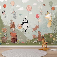 Custom Kids Wall Mural Hot Air Balloons Cartoon Animals Fairy Forest Meadow Nursery Wallpaper