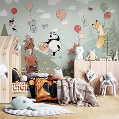 Custom Kids Wall Mural Hot Air Balloons Cartoon Animals Fairy Forest Meadow Nursery Wallpaper