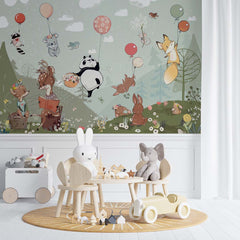 Custom Kids Wall Mural Hot Air Balloons Cartoon Animals Fairy Forest Meadow Nursery Wallpaper