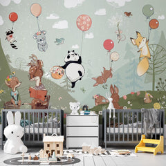 Custom Kids Wall Mural Hot Air Balloons Cartoon Animals Fairy Forest Meadow Nursery Wallpaper