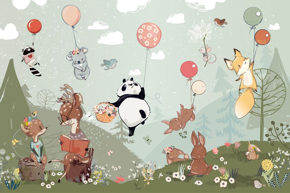 Papier peint prairie féerique et animaux – Papier peint panoramique chambre de bébé montgolfières