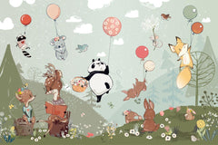 Custom Kids Wall Mural Hot Air Balloons Cartoon Animals Fairy Forest Meadow Nursery Wallpaper