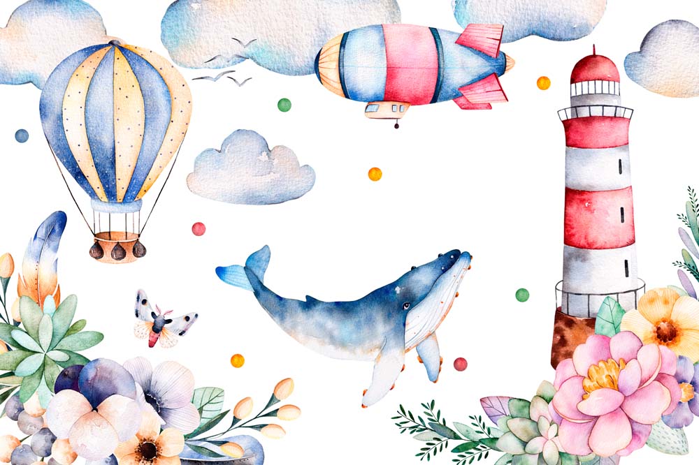 Papier peint baleine volante et phare – Papier peint panoramique enfant à l’aquarelle