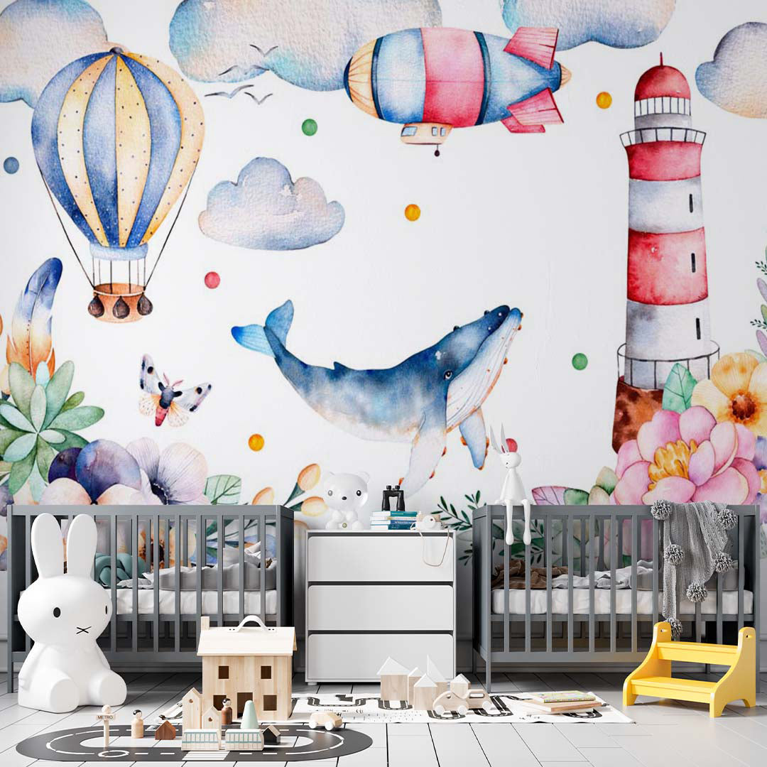 Kids Wall Murals Watercolor Whale Sky Journey Light House Floral Blossom Wallpaper for Kids