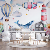 Kids Wall Murals Watercolor Whale Sky Journey Light House Floral Blossom Wallpaper for Kids