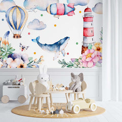 Custom Kids Wall Murals Watercolor Whale Sky Journey Light House Floral Blossom Wallpaper for Kids