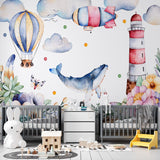 Kids Wall Murals Watercolor Whale Sky Journey Light House Floral Blossom Wallpaper for Kids