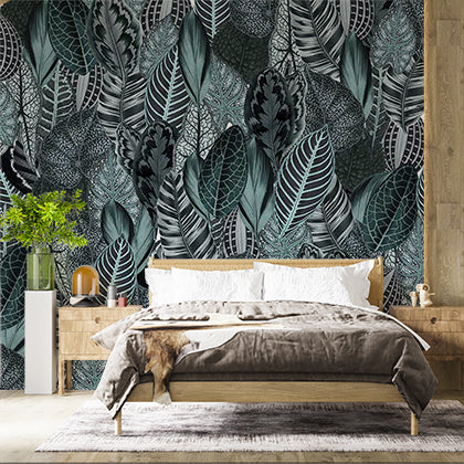 Tropical Leaves Patterned Wallpaper Dark Green Botanical Wall Mural