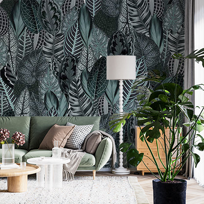 Tropical Leaves Patterned Wallpaper Dark Green Botanical Wall Mural