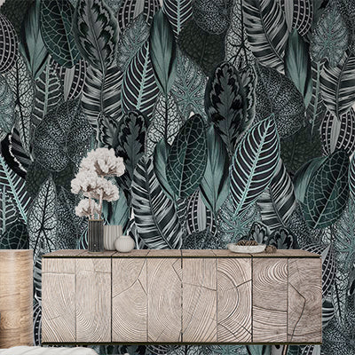 Tropical Leaves Patterned Wallpaper Dark Green Botanical Wall Mural