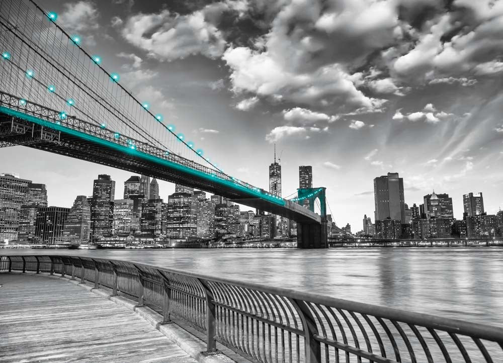 Monochrome New York City Wall Mural - Brooklyn Bridge with Teal Lights