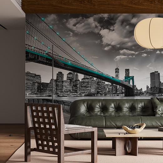 Monochrome New York City Wall Mural - Brooklyn Bridge with Teal Lights