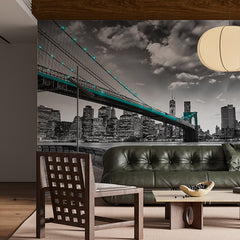 Custom Monochrome New York City Wall Mural - Brooklyn Bridge with Teal Lights