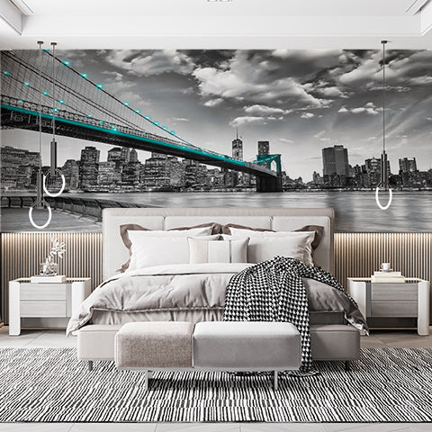 Monochrome New York City Wall Mural - Brooklyn Bridge with Teal Lights