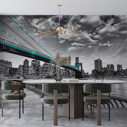 Monochrome New York City Wall Mural - Brooklyn Bridge with Teal Lights