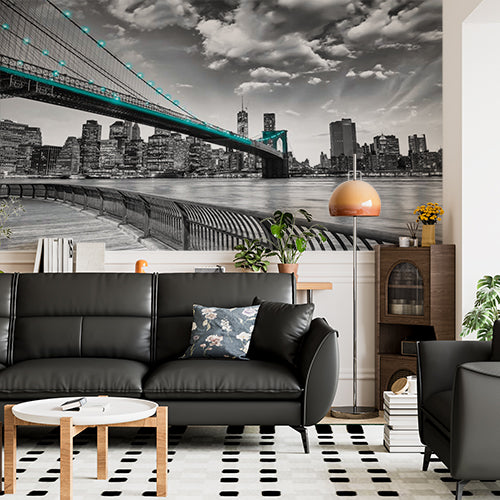 Monochrome New York City Wall Mural - Brooklyn Bridge with Teal Lights