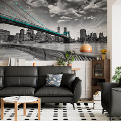 Custom Monochrome New York City Wall Mural - Brooklyn Bridge with Teal Lights