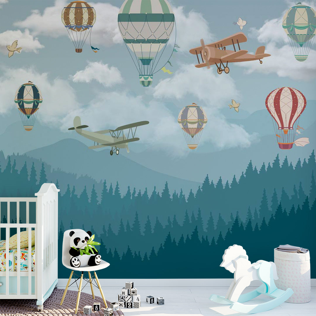 Kids Wall Murals Aircraft Misty Mountains Forest Wallpaper for Kids