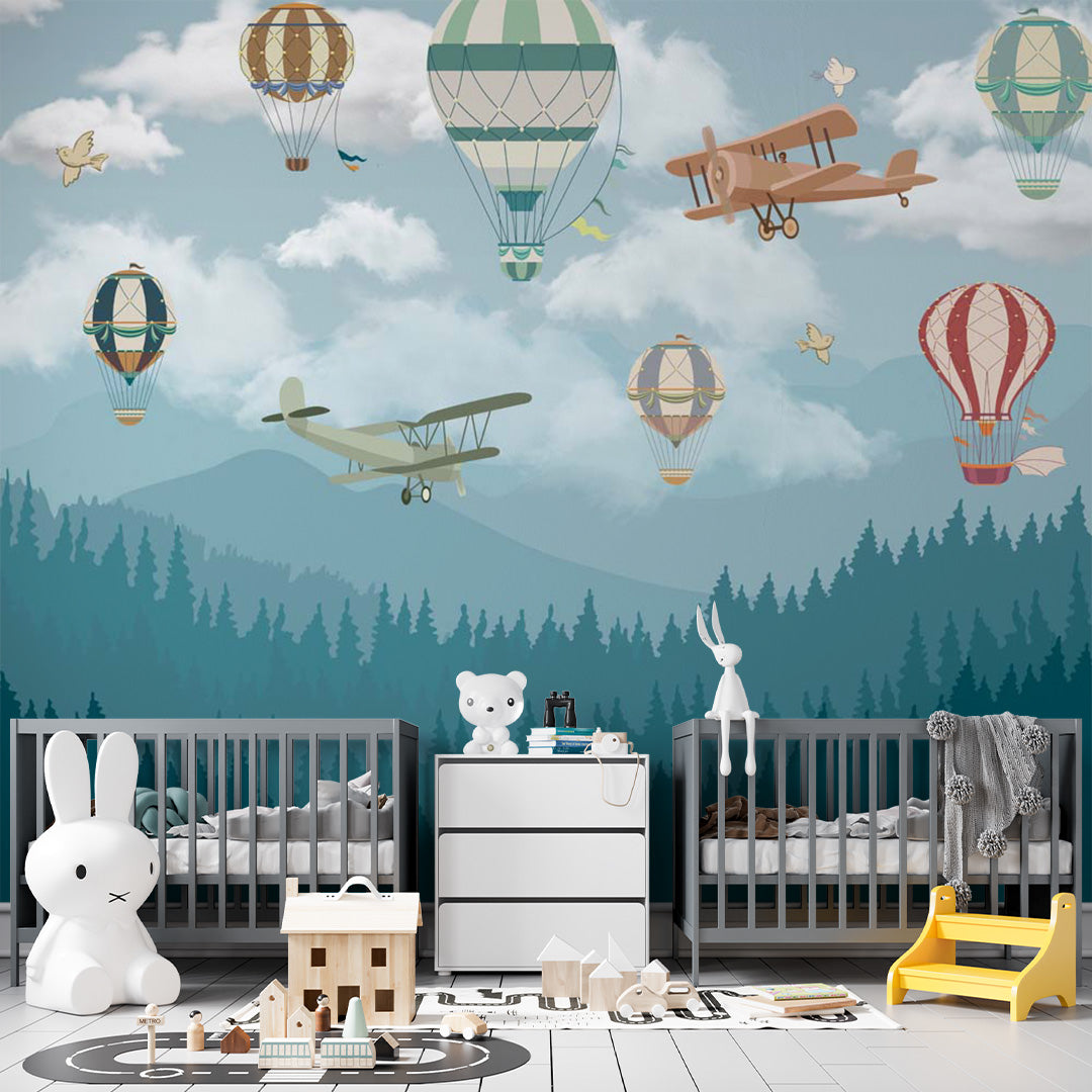 Kids Wall Murals Aircraft Misty Mountains Forest Wallpaper for Kids