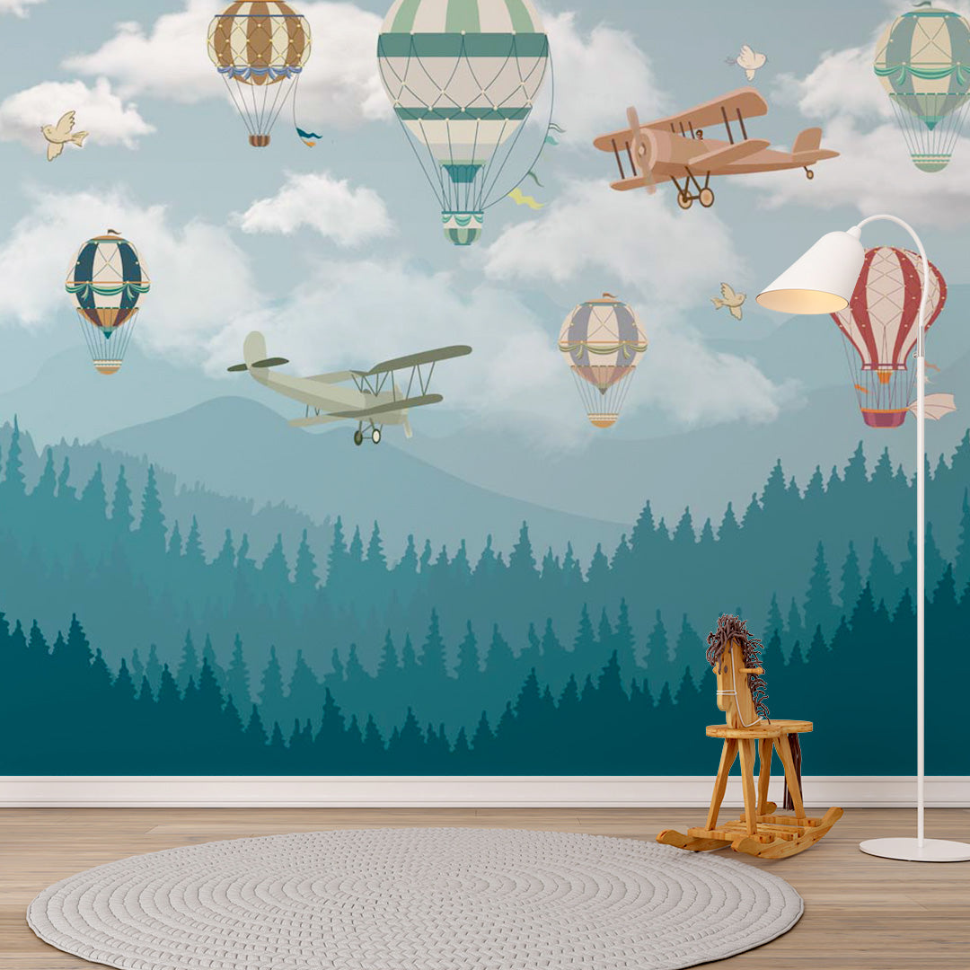 Kids Wall Murals Aircraft Misty Mountains Forest Wallpaper for Kids