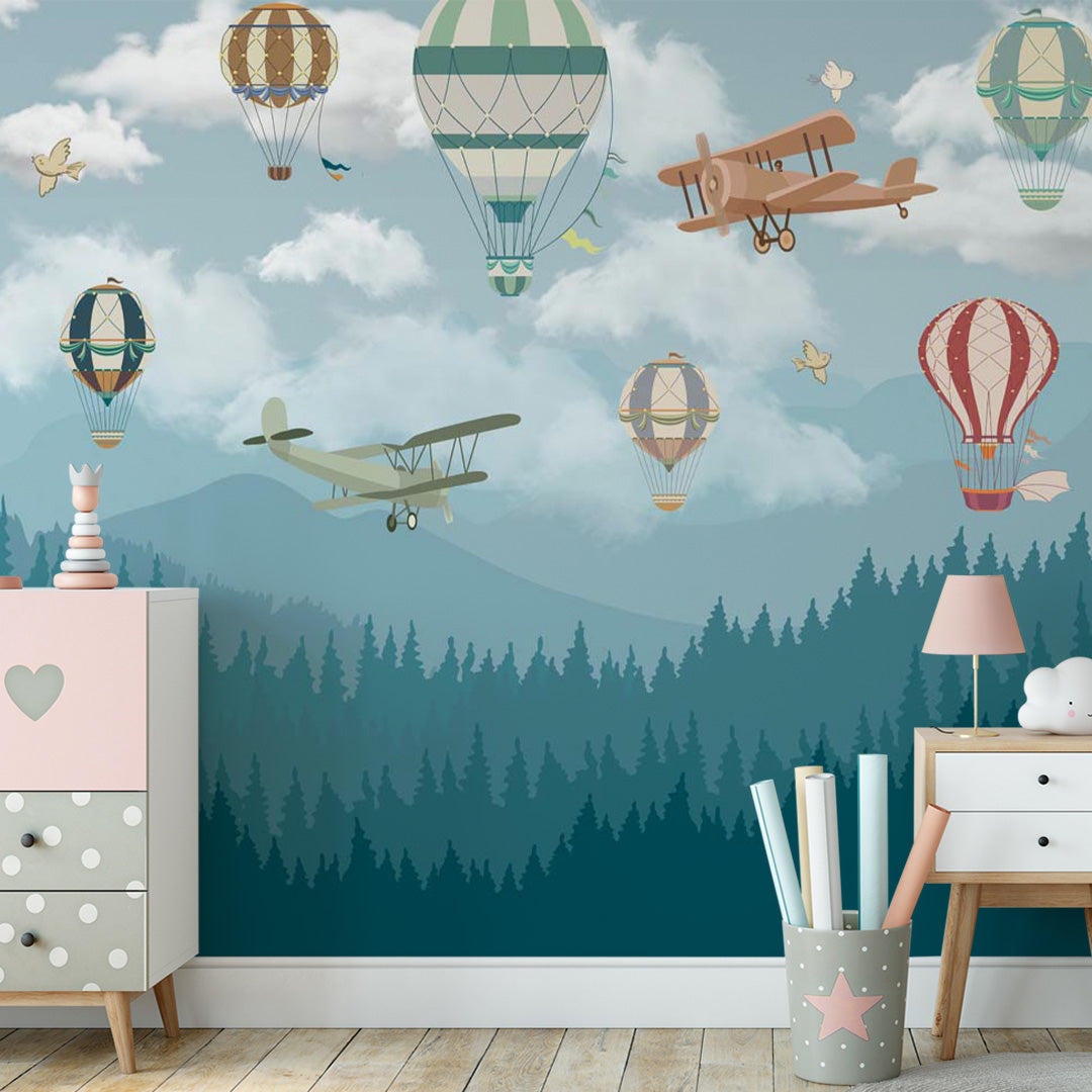 Kids Wall Murals Aircraft Misty Mountains Forest Wallpaper for Kids