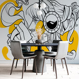 Modern Line Art Wall Mural Wallpaper - Stylish Coffee Lover with Headphones