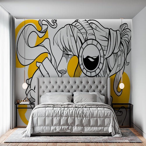 Modern Line Art Wall Mural Wallpaper - Stylish Coffee Lover with Headphones