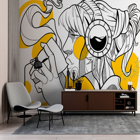 Modern Line Art Wall Mural Wallpaper - Stylish Coffee Lover with Headphones