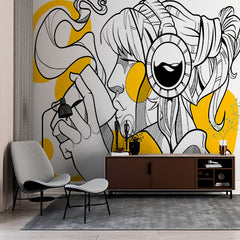 Custom Modern Line Art Wall Mural Wallpaper - Stylish Coffee Lover with Headphones