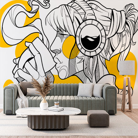 Modern Line Art Wall Mural Wallpaper - Stylish Coffee Lover with Headphones