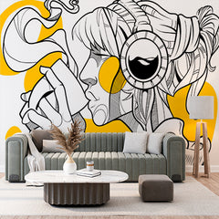 Custom Modern Line Art Wall Mural Wallpaper - Stylish Coffee Lover with Headphones