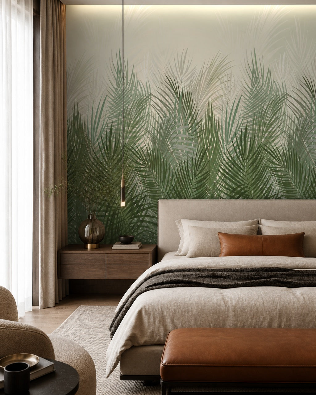 Green palm grass wallpaper in a designer bedroom.