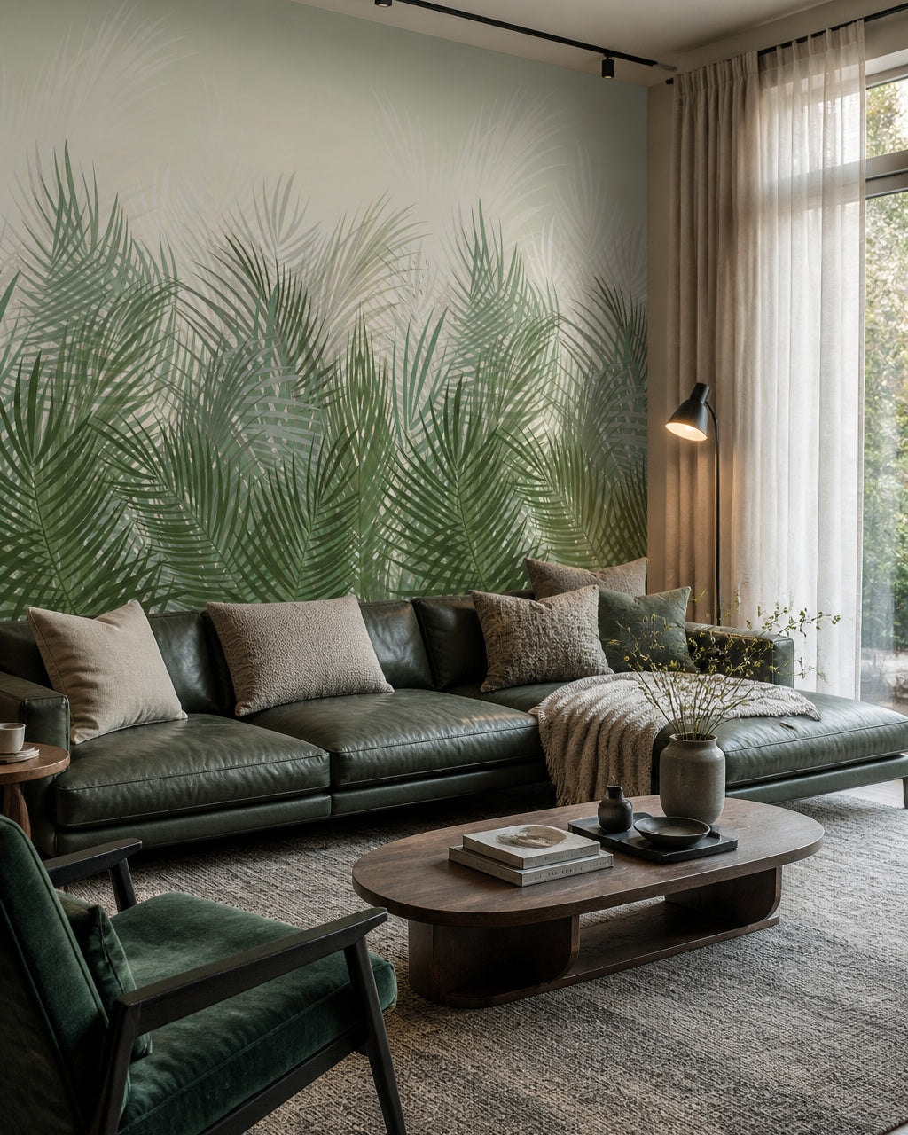 Green palm grass wallpaper in a designer living room.