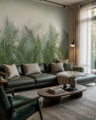 Green palm grass wallpaper in a designer living room.