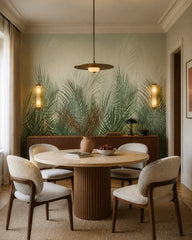 Green palm grass wallpaper in a refined dining area.