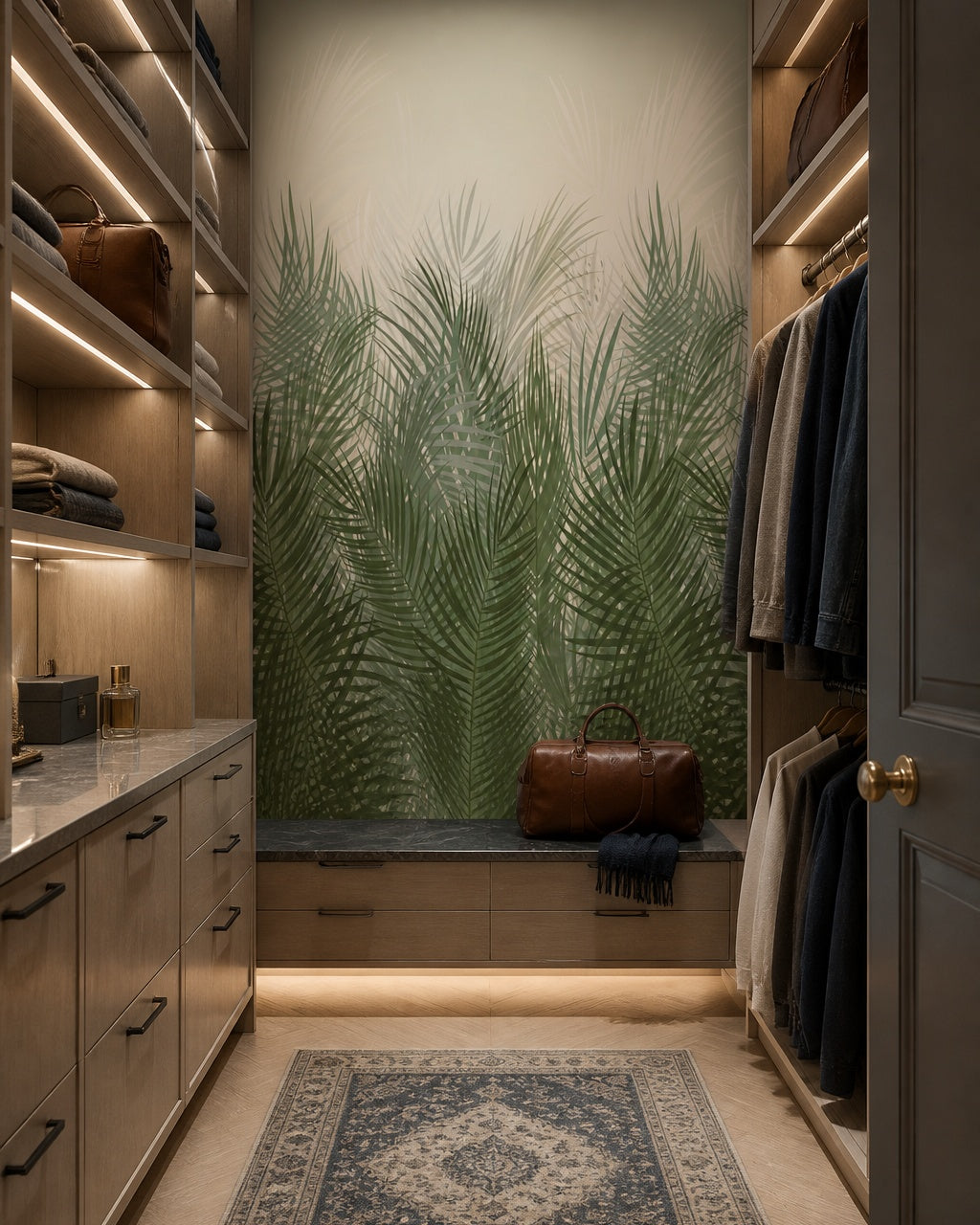 Green palm grass wallpaper in a walk-in wardrobe.