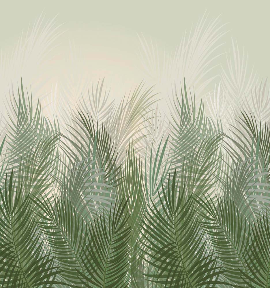 Papier peint herbe de palmier verte – Papier peint panoramique fougères tropicales sur fond dégradé doux