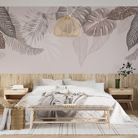 Monstera Tropical Leaf Wall Mural Light Pink Wallpaper