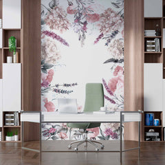 Custom Vintage Floral Wall Mural with Soft Pastel Flowers on White Background