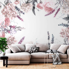 Custom Vintage Floral Wall Mural with Soft Pastel Flowers on White Background