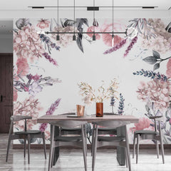 Custom Vintage Floral Wall Mural with Soft Pastel Flowers on White Background