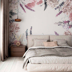 Custom Vintage Floral Wall Mural with Soft Pastel Flowers on White Background