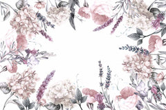 Custom Vintage Floral Wall Mural with Soft Pastel Flowers on White Background