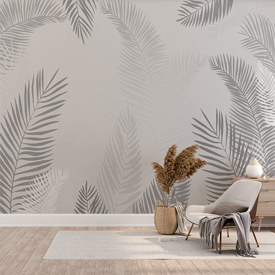 Silver Tropical Palm Leaf White Wall Mural Botanical Wallpaper