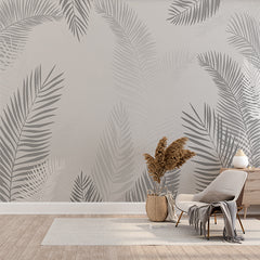 Custom Silver Tropical Palm Leaf White Wall Mural Botanical Wallpaper