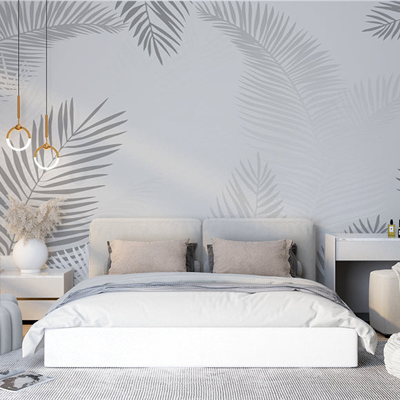 Silver Tropical Palm Leaf White Wall Mural Botanical Wallpaper